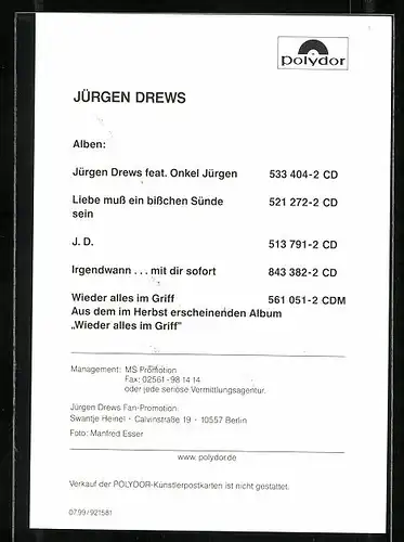 AK Musiker Jürgen Drews mit aufgestütztem Kopf, Autograph