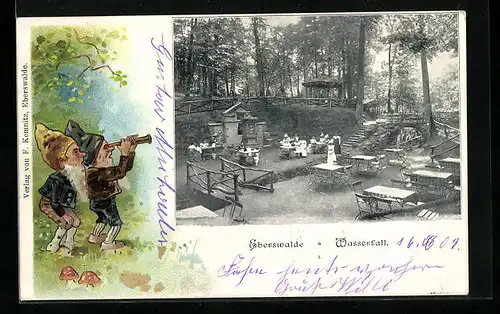 AK Eberswalde, Gasthausgarten Wasserfall mit Denkmal, Zwerge mit Fernrohr