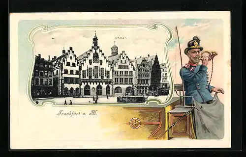 Passepartout-Lithographie Alt-Frankfurt, Römer und Postillion auf Postkutsche