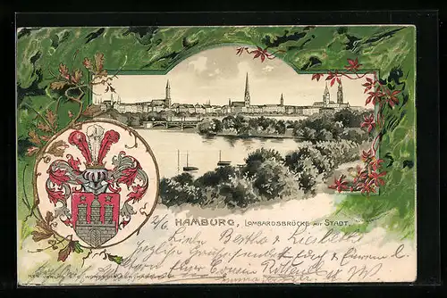 Passepartout-Lithographie Hamburg, Lombardsbrücke mit Stadt, Wappen