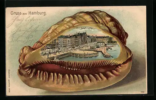 Passepartout-Lithographie Hamburg-Neustadt, Alter Jungfernstieg in einer Muschel