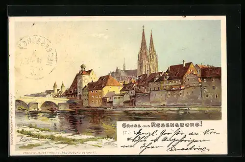 Lithographie Regensburg, Ortsansicht mit Brücke vom Wasser aus