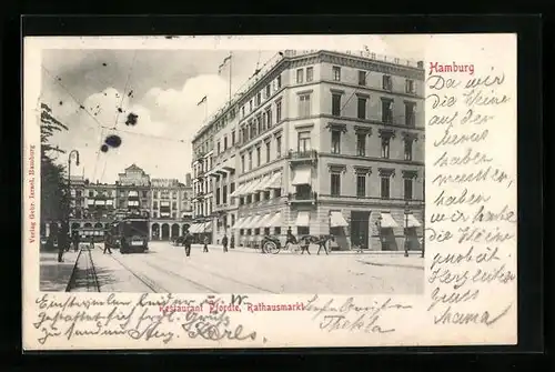 AK Hamburg, Rathausmarkt mit Strassenbahn und Einspänner