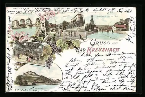 Lithographie Bad Kreuznach, Flusspartie, Brückenhäuser, Kurhaus