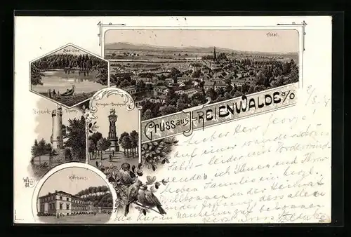 Lithographie Freienwalde, Totalansicht, Kurhaus, Kriegerdenkmal