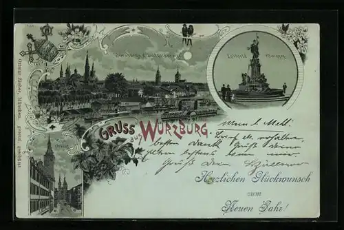 Mondschein-Lithographie Würzburg, Ortsansicht von der Luitpoldbrücke, Domstrasse