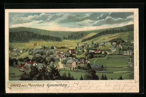 Lithographie Manebach-Kammerberg, Ortsansicht aus der Vogelschau