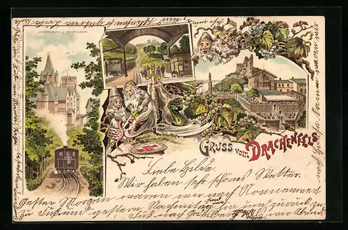 Lithographie Drachenfels, Drachenburg und Zahnradbahn, Gasthaus, Bahnhof