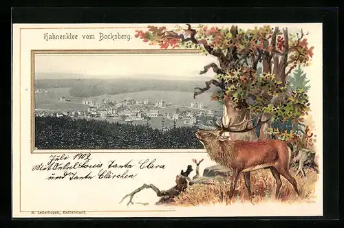 Passepartout-Lithographie Hahnenklee, Ortsansicht vom Bocksberg, Hirsch im Herbst