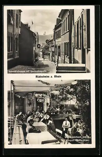 AK Rüdesheim a. Rhein, Schmidtstrasse mit Rochuskapelle, Weinausschank
