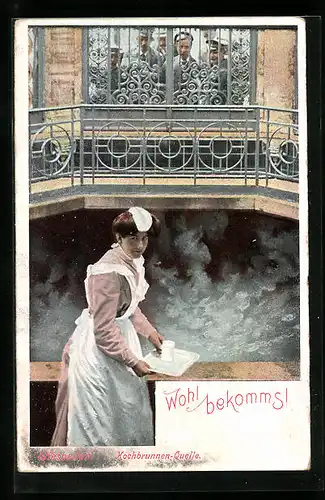 AK Wiesbaden, Kochbrunnen-Quelle und Frau mit Tablett
