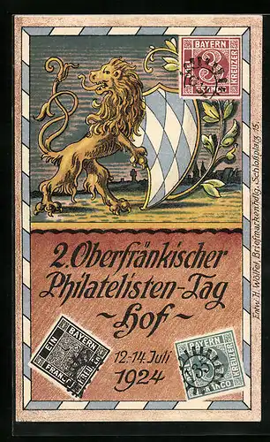 Künstler-AK Hof /Saale, 2. Oberfränkischer Philatelisten-Tag 1924, Löwe mit Wappen