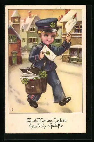 AK Postbote mit Briefen auf der Strasse, Neujahrsgruss