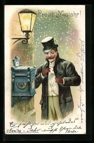 AK Herr wirft bei Schnee einen Brief ein, Neujahrsgruss