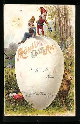 AK Zwei Zwerge mit Fernrohr auf einem Osterei, Osterhase, Ostergruss