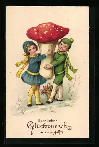 AK Zwei Kinder mit grossem Pilz in den Armen, Neujahrsgruss