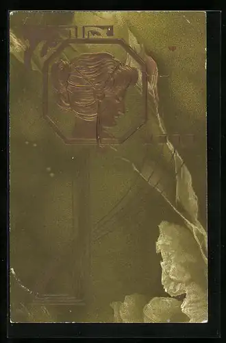 Präge-AK Frauenkopf von der Seite, Ornamente, Jugendstil