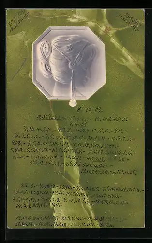 Präge-AK Frauenkopf und Ornamente, Jugendstil