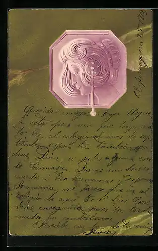 Präge-AK Frauenkopf mit Ohrschmuck, Jugendstil