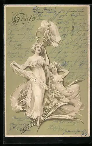 Präge-AK Zwei junge Damen mit Riesenblume, Jugendstil