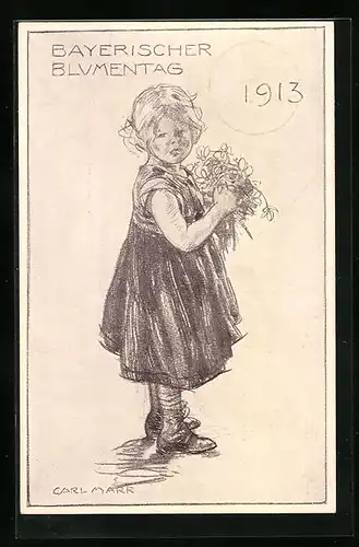 AK Bayerischer Blumentag 1913, Kleines Mädchen mit Blumenstrauss