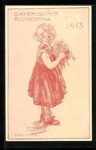 AK Bayerischer Blumentag 1913, Kleines Mädchen mit Blumenstrauss in den Händen