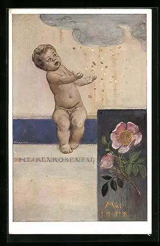AK München, Heckenrosentag 1912, Heckenrose, Baby mit Geldregen
