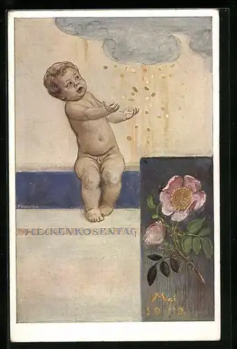 AK München, Heckenrosentag 1912, Heckenrose, Baby mit Geldregen aus einer Wolke