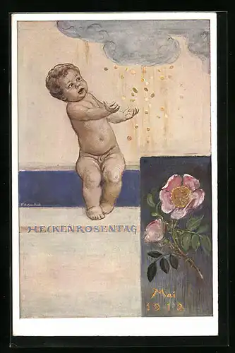 AK München, Heckenrosentag 1912, Heckenrose, Nacktes Baby mit Geldregen