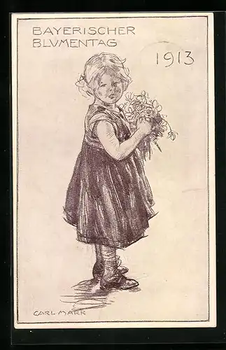 AK Bayerischer Blumentag 1913, Kleines Mädchen hält einen Blumenstrauss