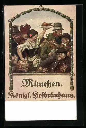 Künstler-AK München, Münchner Hofbräuhaus, Wirtin bei Männern mit Bierkrügen