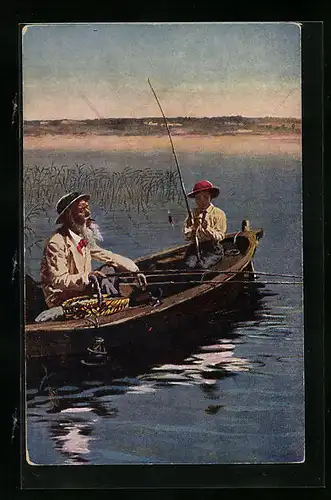 AK Älterer Herr und Junge im Boot beim Angeln
