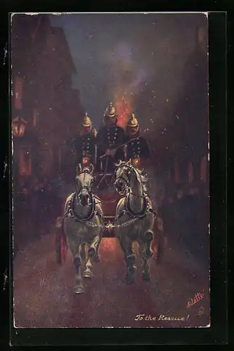 AK Feuerwehrleute im Pferdewagen nachts bei einem Brand