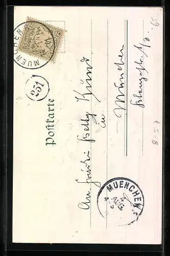 Präge-Lithographie München, Münchner Kindl mit Bierkrug, Weisswürsten und Rettichen, Im Hintergrund Frauenkirche