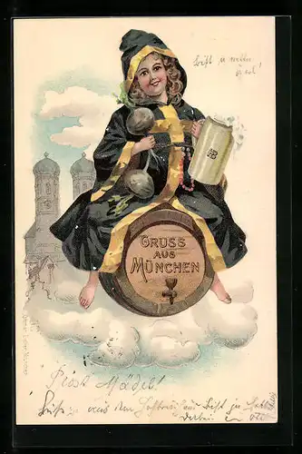 Präge-Lithographie München, Münchner Kindl fliegt auf einem Bierfass, Im Hintergrund Frauenkirche