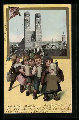 AK München, Frauenkirche, Münchner Kindl und Kinder mit Bierkrügen