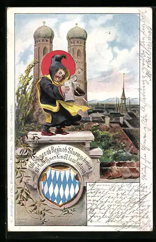 Lithographie München, Münchner Kindl mit Bierkrug vor der Frauenkirche, Wappen