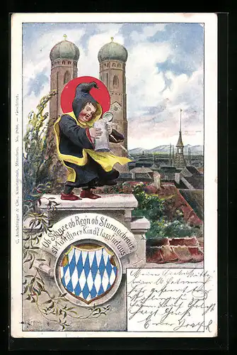 Lithographie München, Münchner Kindl mit Bierkrug vor der Frauenkirche, Wappen