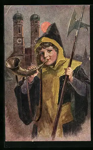 Künstler-AK München, Münchner Kindl mit Horn und Axt, Im Hintergrund Frauenkirche