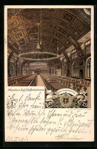 Lithographie München, Münchner Hofbräuhaus, Grosser Gesellschafts-Saal, Innenansicht
