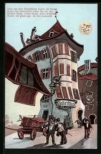 Künstler-AK Bozen, Betrunkene vor dem Gasthaus Batzenhäusl bei Vollmond