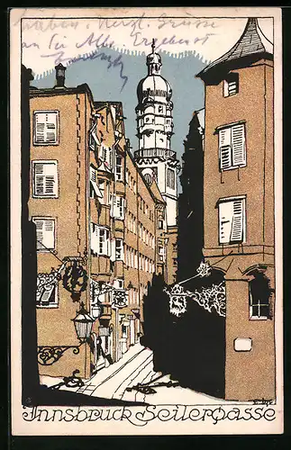 Künstler-AK Innsbruck, Seilergasse mit Kirchturm