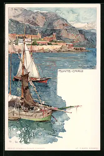 Künstler-AK Monte Carlo, Ortsansicht mit Segelbooten
