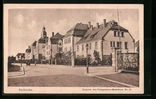 AK Karlsruhe i. B., Strassenpartie an der Kaserne des Telegraphen-Bataillons Nr. IV.
