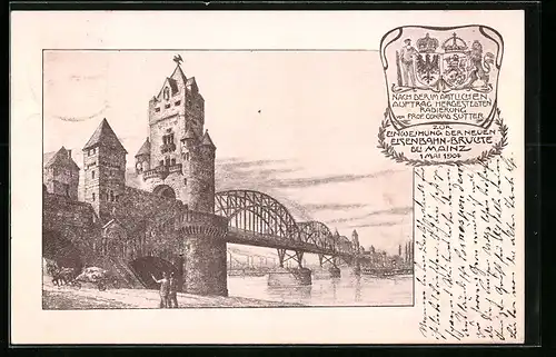 Künstler-AK Mainz, Zur Einweihung der neuen Eisenbahnbrücke 1904