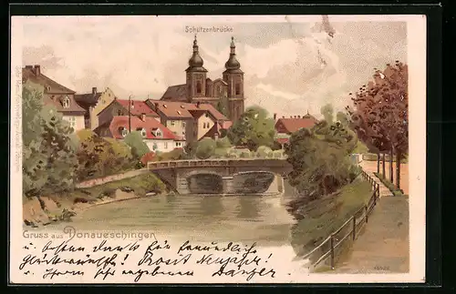 Lithographie Donaueschingen, Schützenbrücke, Kirche