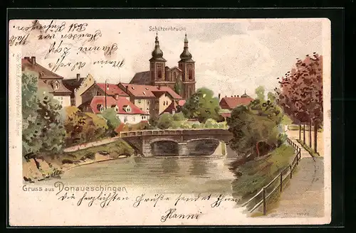 Lithographie Donaueschingen, Donau gegen Schützenbrücke