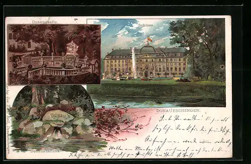 Lithographie Donaueschingen, Donauquelle, Schloss
