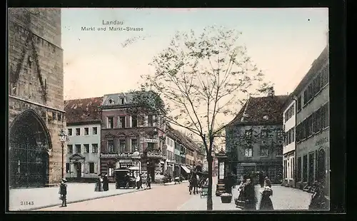AK Landau, Markt und Markt-Strasse mit Hotel Geist, Apotheke und Geschäften