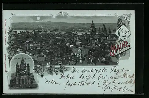 Mondschein-AK Mainz, Totalansicht, Dom